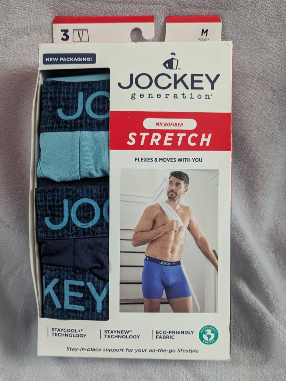 NWT Jockey Generation Men's Micro Stretch Long Leg 3pk Boxer Briefs, Teal/Blue M